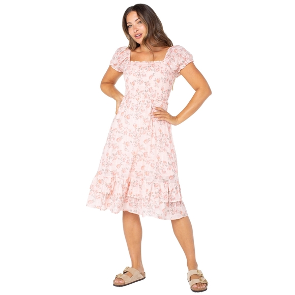 NWOT Celebrity Pink Floral Square Neck Puff Sleeves Midi Dress S - Picture 3 of 4